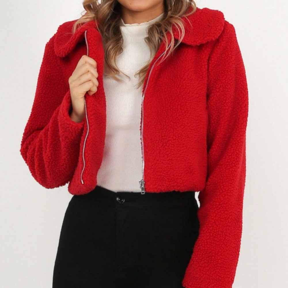 Forever cuddling red teddy cropped jacket
